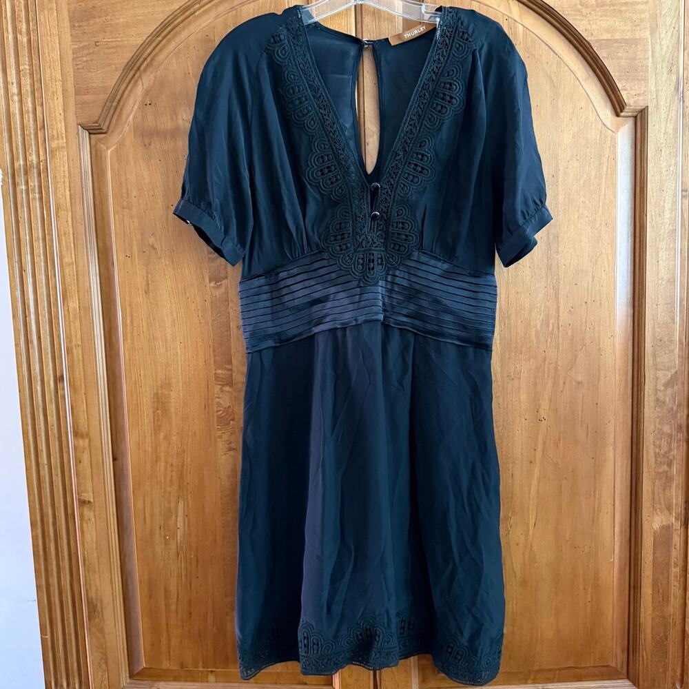Thurley silk black sheath shirt dress lace trim short sleeve women’s size 10 - Picture 2 of 13